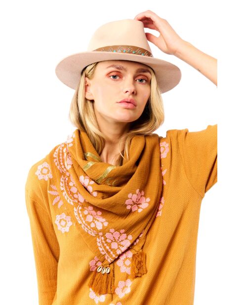 Foulard en gaze de coton brodé Ocampo camel