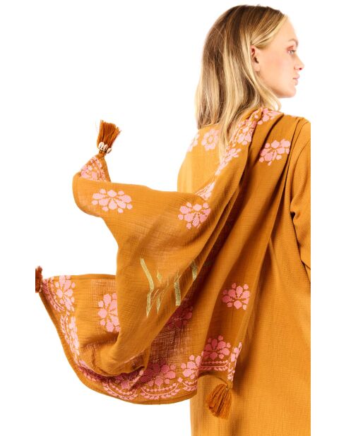 Foulard en gaze de coton brodé Ocampo camel