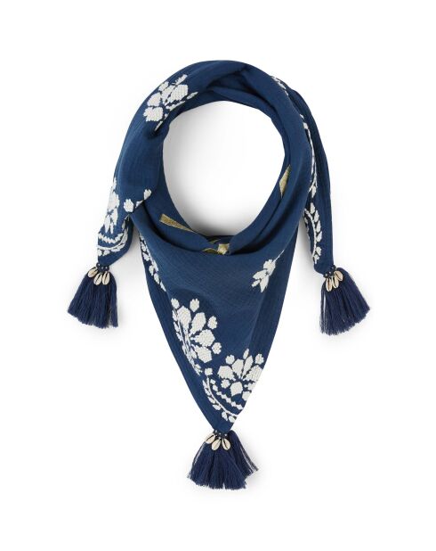 Foulard en gaze de coton brodé Ocampo bleu