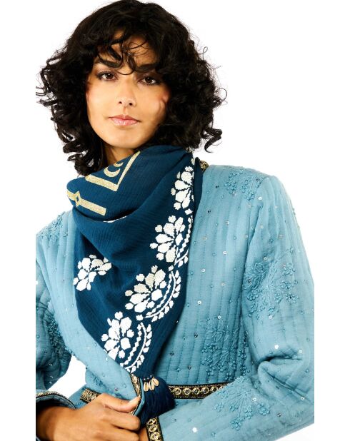 Foulard en gaze de coton brodé Ocampo bleu