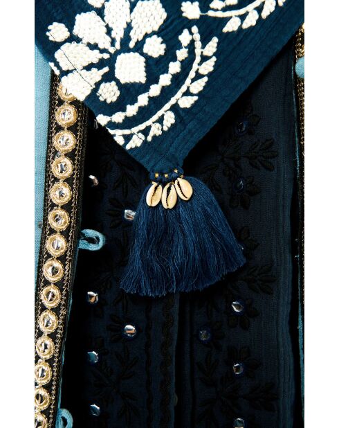 Foulard en gaze de coton brodé Ocampo bleu