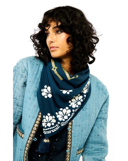 Foulard en gaze de coton brodé Ocampo bleu