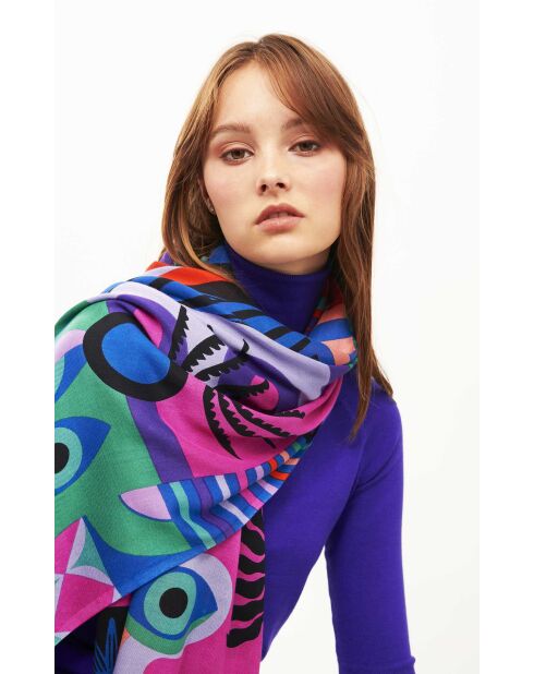 Grand foulard illustrations colorées Scritch bleu
