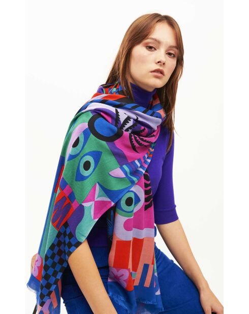Grand foulard illustrations colorées Scritch bleu