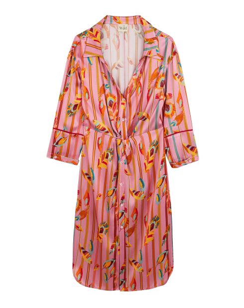 Robe chemise satinée motifs plumes Colibri rose