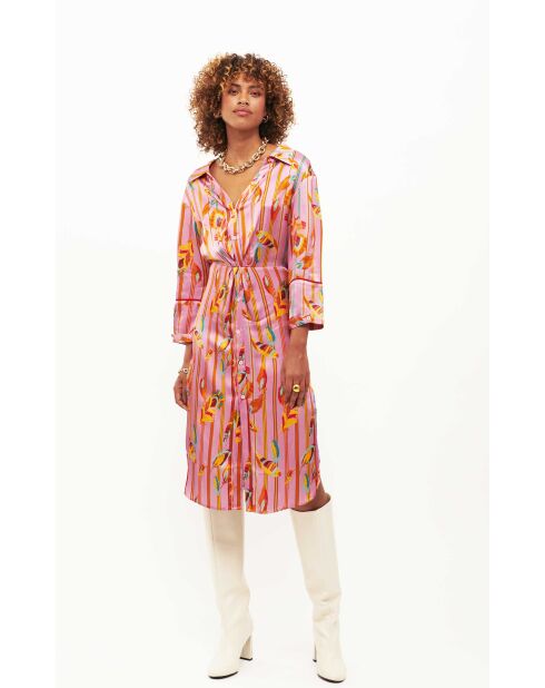 Robe chemise satinée motifs plumes Colibri rose