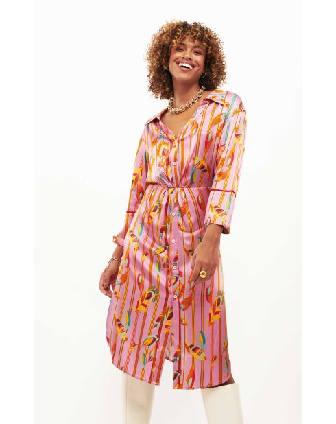 Robe chemise satinée motifs plumes Colibri rose