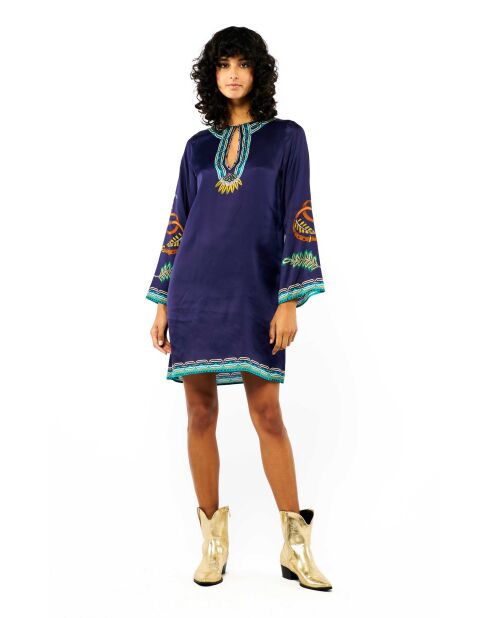 Robe courte manches longues à motifs ethnique Ezra bleue