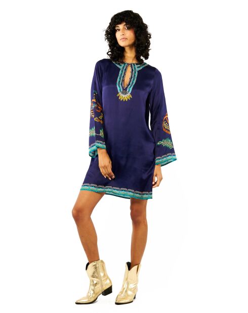 Robe courte manches longues à motifs ethnique Ezra bleue