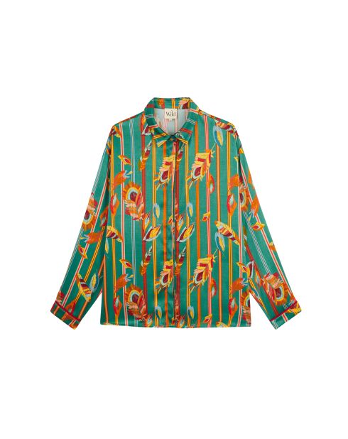 Chemise satinée imprimé plumes Kiwi verte