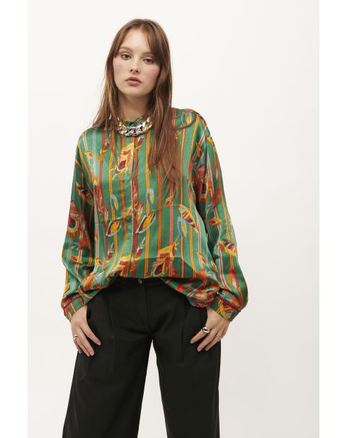 Chemise satinée imprimé plumes Kiwi verte