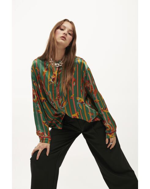Chemise satinée imprimé plumes Kiwi verte