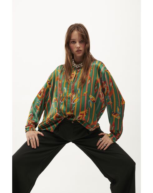 Chemise satinée imprimé plumes Kiwi verte