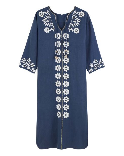 Robe droite fendue à broderies Alberto bleue