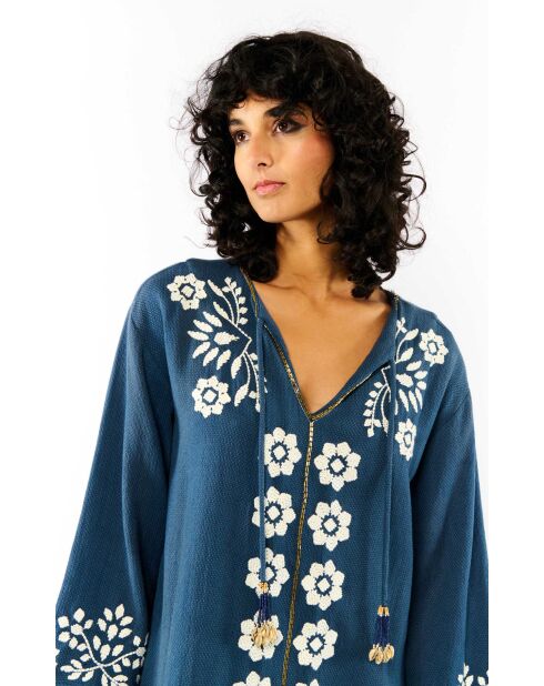 Robe droite fendue à broderies Alberto bleue