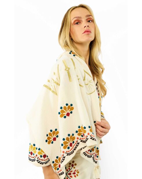 Foulard en gaze de coton brodé Ocampo beige