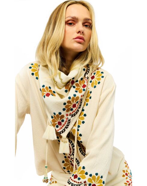 Foulard en gaze de coton brodé Ocampo beige
