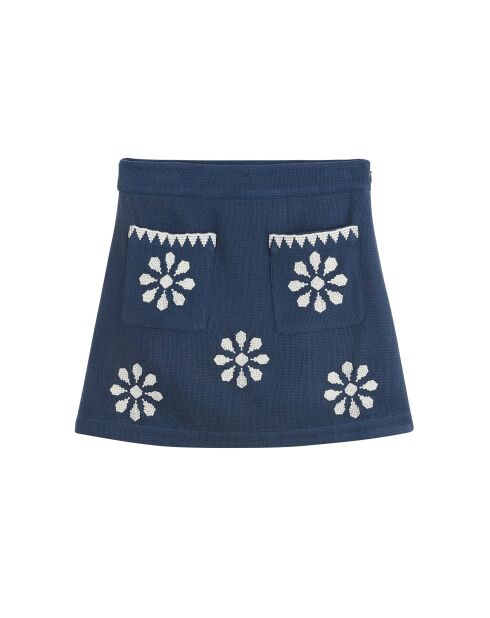 Jupe courte droite avec broderies Nona bleue