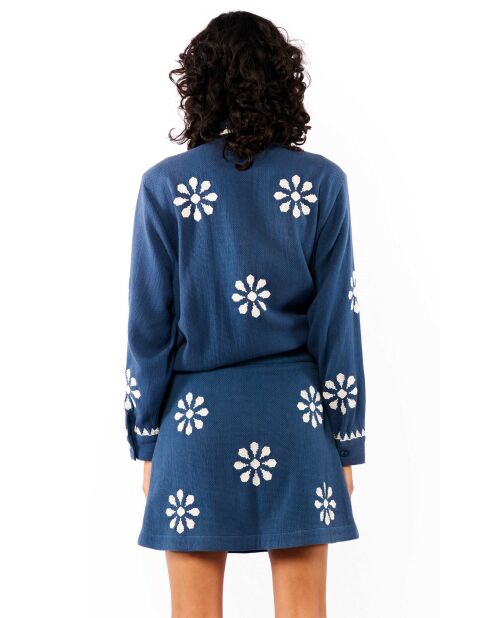 Jupe courte droite avec broderies Nona bleue