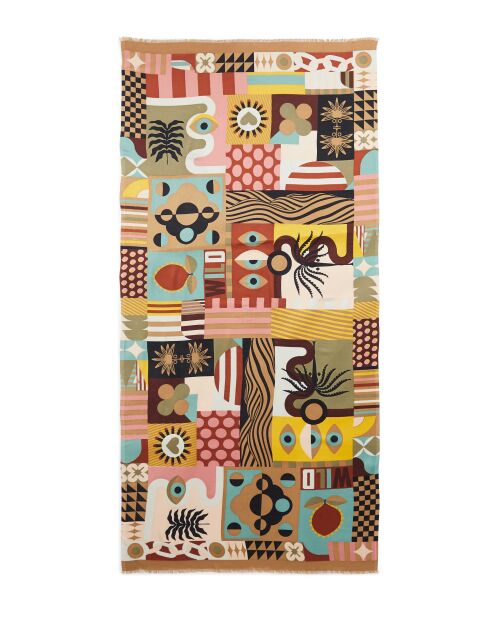 Grand foulard illustrations colorées Scritch kaki
