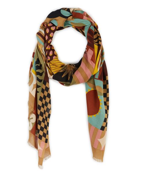 Grand foulard illustrations colorées Scritch kaki