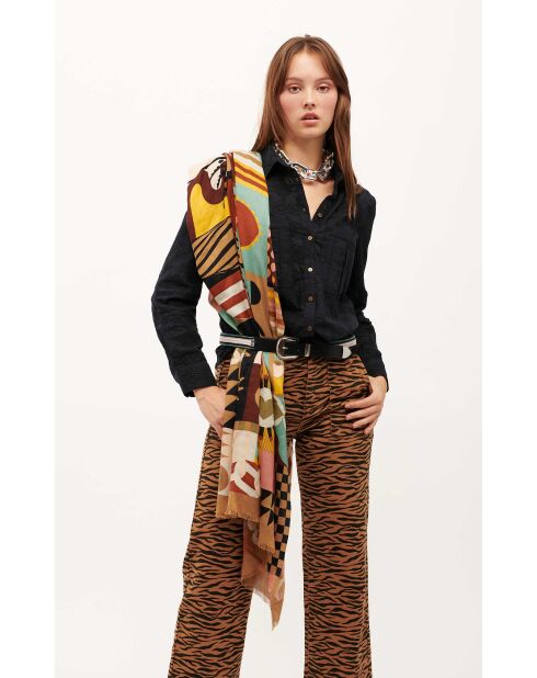 Grand foulard illustrations colorées Scritch kaki