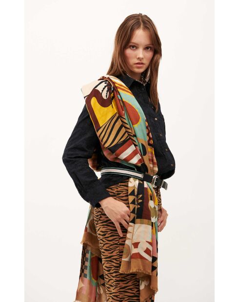 Grand foulard illustrations colorées Scritch kaki