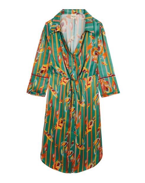 Robe chemise satinée motifs plumes Colibri verte