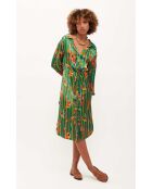 Robe chemise satinée motifs plumes Colibri verte