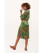 Robe chemise satinée motifs plumes Colibri verte