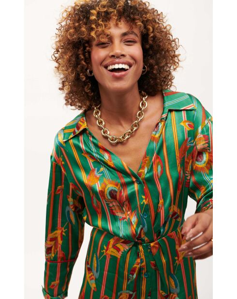 Robe chemise satinée motifs plumes Colibri verte