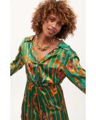 Robe chemise satinée motifs plumes Colibri verte