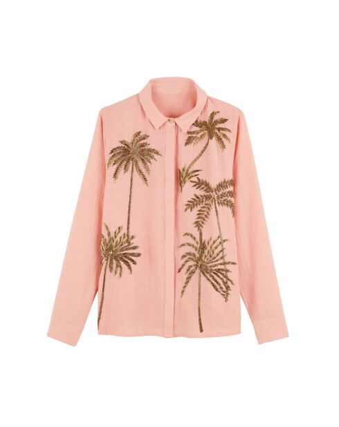 Chemise gaze de coton brodée de palmiers Angelo rose