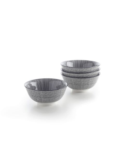 Set de 4 bols en porcelaine avec relief blanc / Noir - 15.5x6.5x7.2 cm