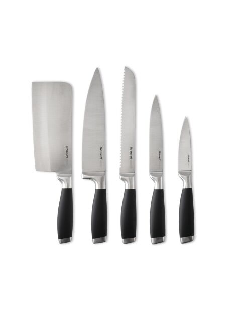 Ensemble de 8 pièces : 1 support en acrylique + 5 couteaux + 1 ciseaux + 1 fusil à aiguiser noir