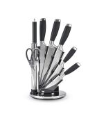 Ensemble de 8 pièces : 1 support en acrylique + 5 couteaux + 1 ciseaux + 1 fusil à aiguiser noir