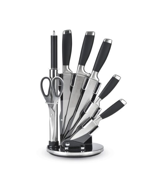 Ensemble de 8 pièces : 1 support en acrylique + 5 couteaux + 1 ciseaux + 1 fusil à aiguiser noir