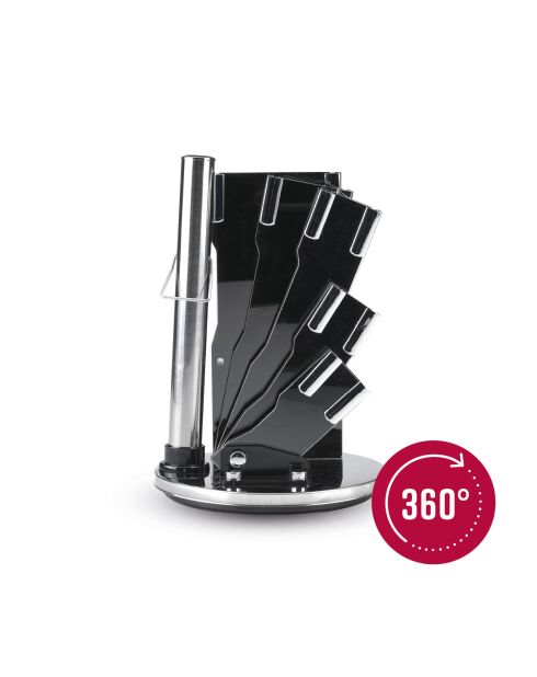 Ensemble de 8 pièces : 1 support en acrylique + 5 couteaux + 1 ciseaux + 1 fusil à aiguiser noir