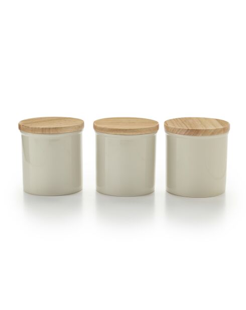 Set de 3 bocaux de conservation en céramique avec couvercles en bambou crème - 10.5x10.5x12 cm