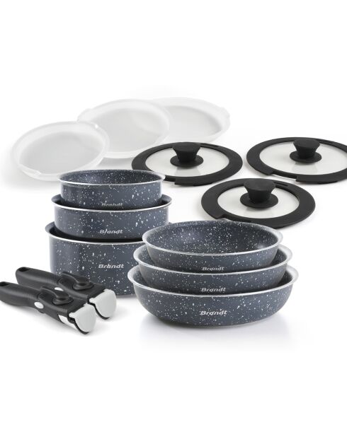 Batterie empilable avec poignée amovible 14 pièces en aluminium marbre gris