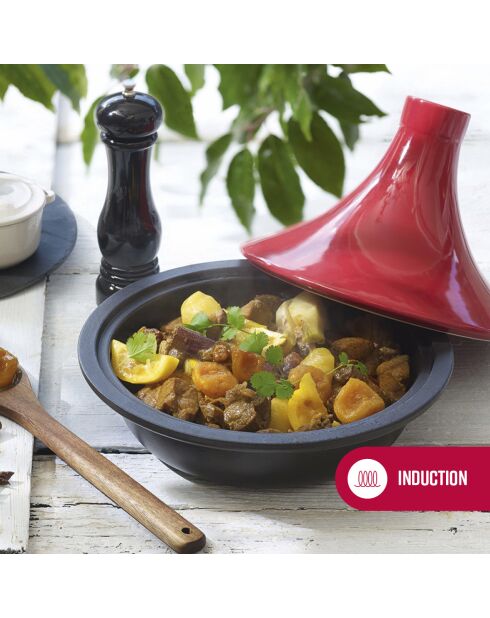 Tajine en fonte d'acier rouge avec couvercle en céramique - 29x23.5 cm