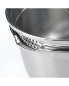 Set de 3 casseroles en inox. 2 poêles. 1 poignée amovible. 3 couvercles passoires avec manche en inox argenté / noir / rouge