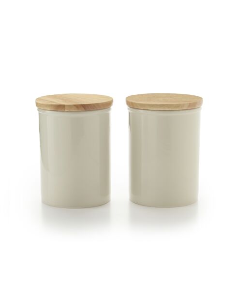 Set de 2 bocaux de conservation en céramique avec couvercle en bambou crème - 12.5x12.5x18 cm