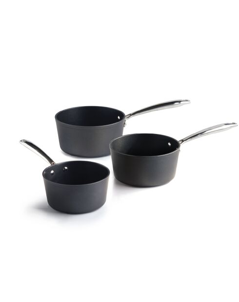 Set de 3 casseroles en aluminium forgé et acier inoxydable noir - 16 / 18 / 20 cm