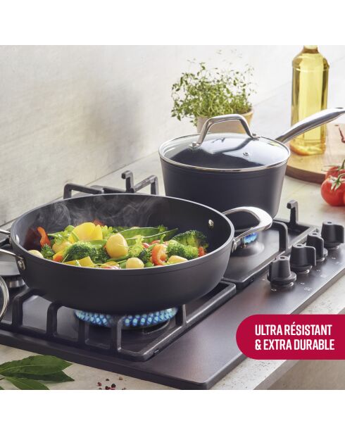 Set de 3 casseroles en aluminium forgé et acier inoxydable noir - 16 / 18 / 20 cm