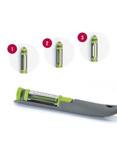 Éplucheur multi-usages avec 3 lames en acier inoxydable gris/vert - 8x15 cm