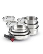 Set de 3 casseroles en inox. 3 poêles. 1 poignée amovible. 3 couvercles passoires avec manche en inox argenté / noir / rouge