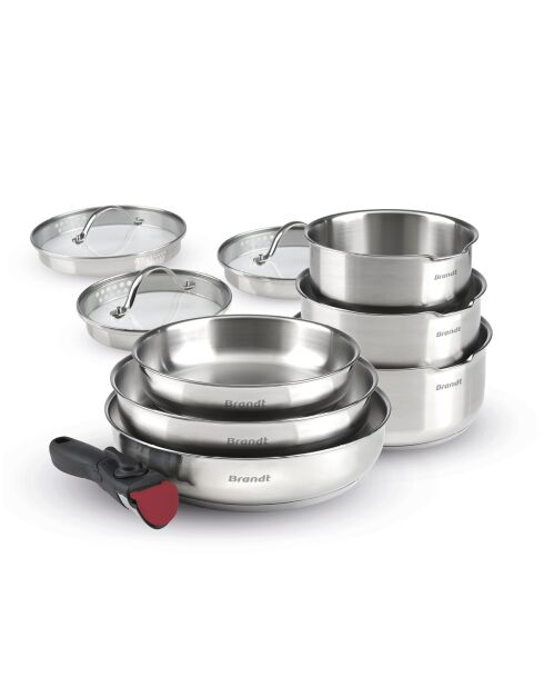 Set de 3 casseroles en inox. 3 poêles. 1 poignée amovible. 3 couvercles passoires avec manche en inox argenté / noir / rouge