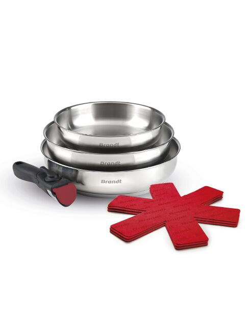 Set de 3 poêles Amo en inox avec poignée amovible et 3 separateurs de poêle argenté