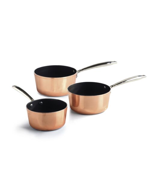 Set de 3 casseroles en aluminium forgé et acier inoxydable cuivre - 16 / 18 /20 cm